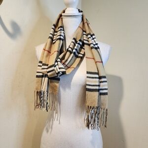 Plaid Beige Scarf with Fringe